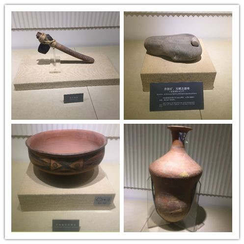 石斧(左上)、石砚(右上)、陶盆(左下)、尖底陶瓶(右下)